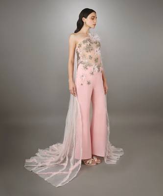 Pink Embroidered Bodice Textured Cape Co-Ord Set  2