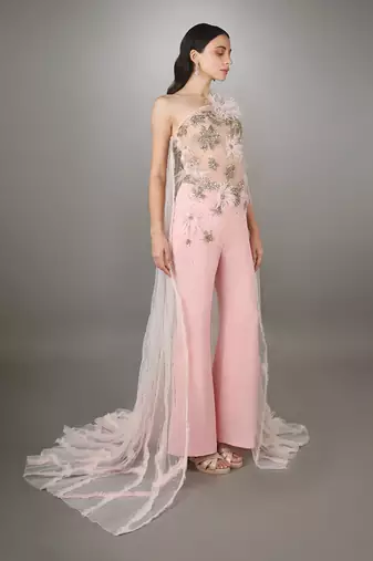 Pink Embroidered Bodice Textured Cape Co-Ord Set 