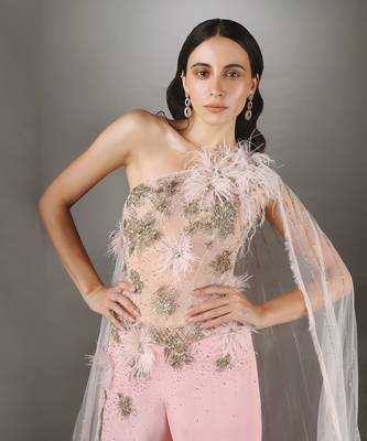 Pink Embroidered Bodice Textured Cape Co-Ord Set  3