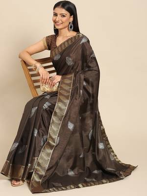 Brown Printed Poly Crepe Casual Women'S Saree With Blouse Piece. 1