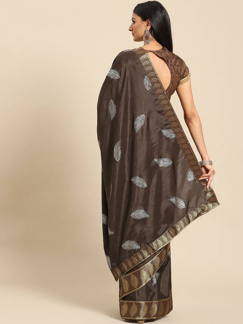 Brown Printed Poly Crepe Casual Women'S Saree With Blouse Piece.