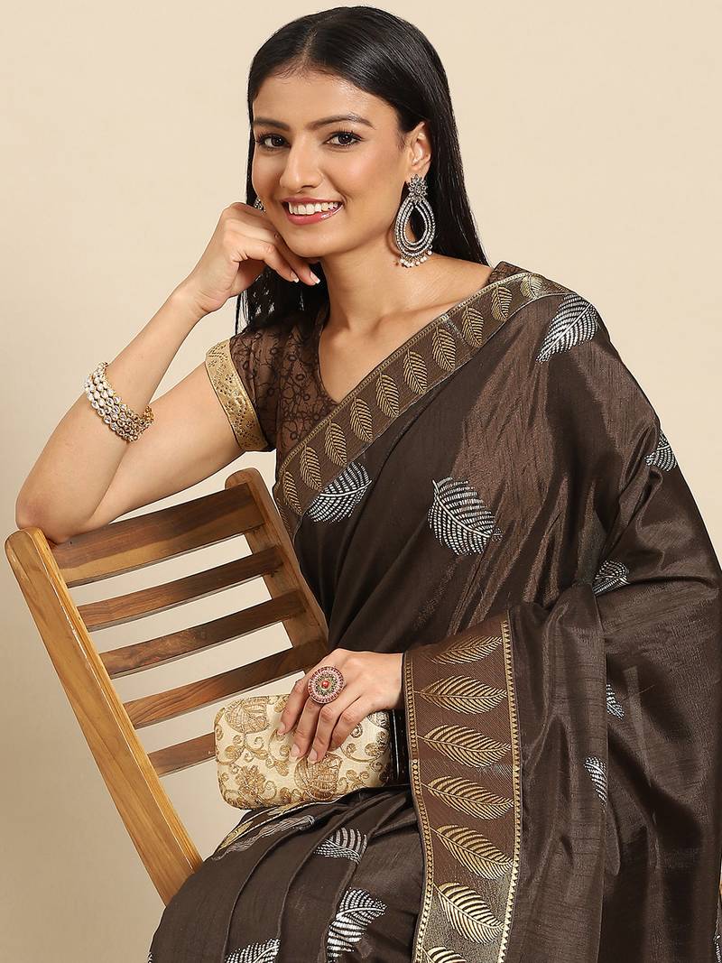 Brown Printed Poly Crepe Casual Women'S Saree With Blouse Piece.