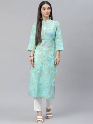 Sea-green printed cotton cotton-kurtis 1