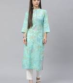 Sea-green printed cotton cotton-kurtis