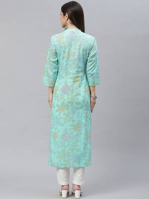 Sea-green printed cotton cotton-kurtis 2