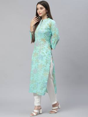 Sea-green printed cotton cotton-kurtis 4
