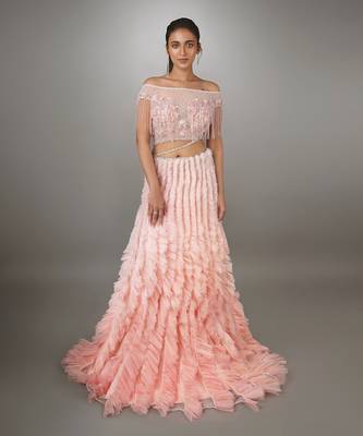 Pink Embroidered Body Cut Ruffle Textured Gown. 1