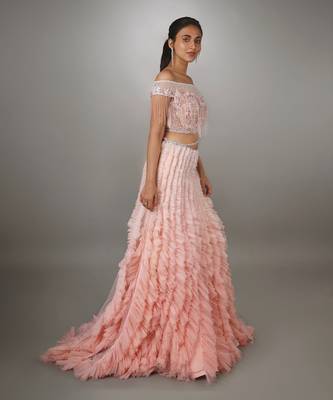 Pink Embroidered Body Cut Ruffle Textured Gown. 2