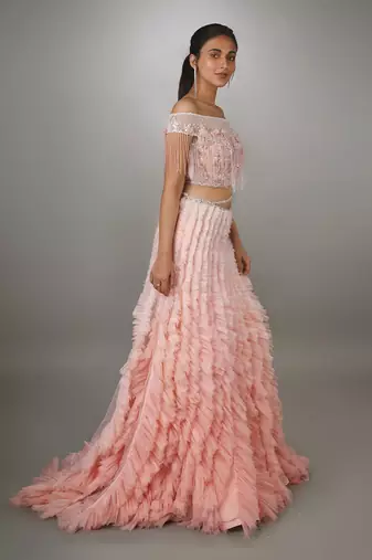 Pink Embroidered Body Cut Ruffle Textured Gown.