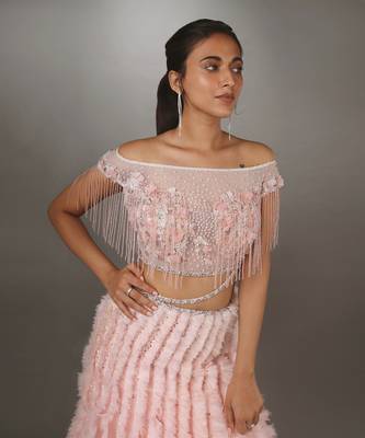 Pink Embroidered Body Cut Ruffle Textured Gown. 3