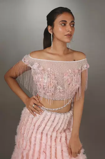 Pink Embroidered Body Cut Ruffle Textured Gown.