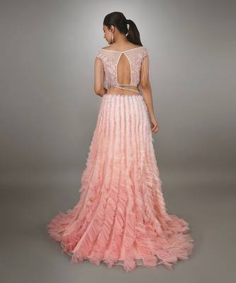 Pink Embroidered Body Cut Ruffle Textured Gown. 4