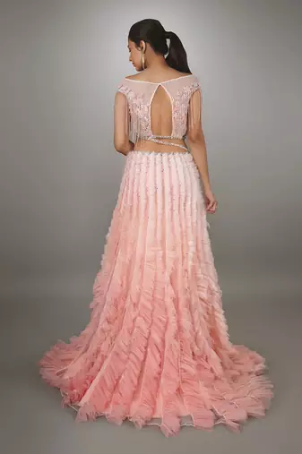 Pink Embroidered Body Cut Ruffle Textured Gown.