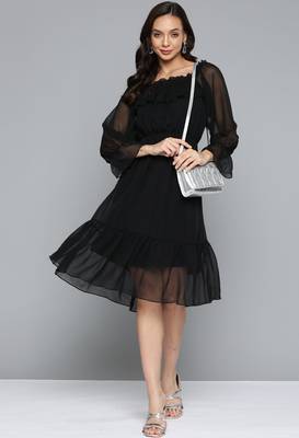 Black plain georgette short-dresses 4