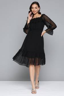 Black plain georgette short-dresses