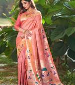 Heavy Party Wear Peach Colour Banarasi Silk Saree With Sophesticated Woven Paithani Work