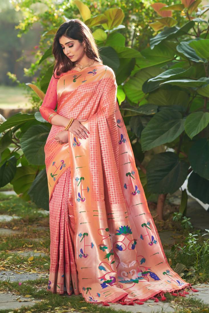 Heavy Party Wear Peach Colour Banarasi Silk Saree With Sophesticated Woven Paithani Work