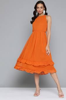 Orange plain georgette long-dresses