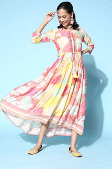 Multicolor printed silk long-dresses