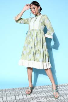Green printed cotton long-dresses