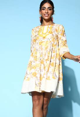 Yellow printed cotton long-dresses 1