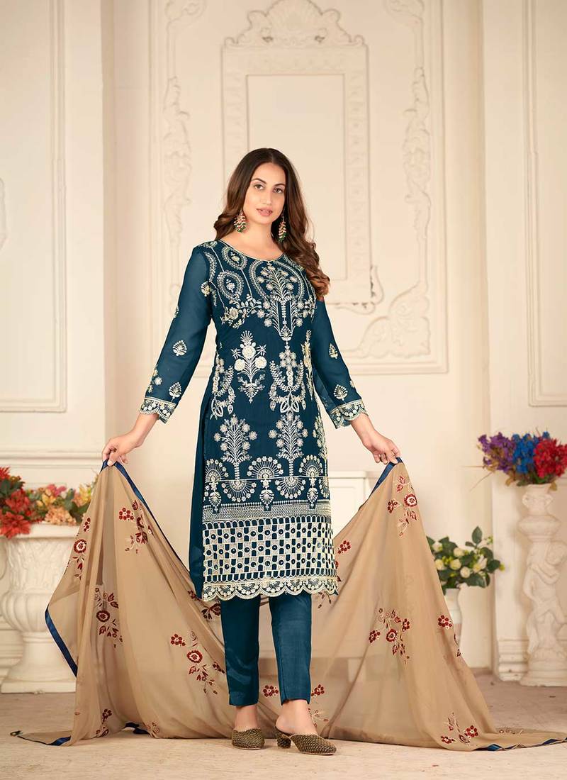 Designer Thread Embroidery With Sequance And Embroidery Work Rama Colour Salwaar Suit For Girls