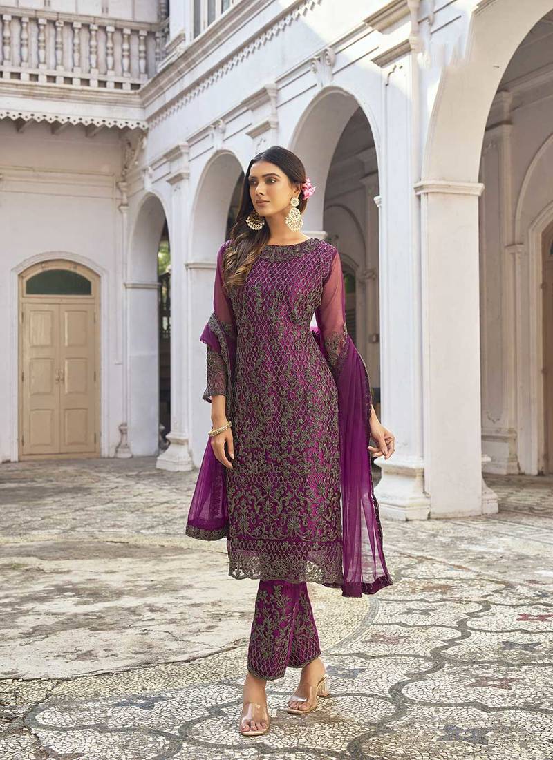 Purple Attractive Readymade Pant Suit printed Designer Embroidery Work