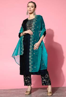 Teal embroidered velvet salwar 1