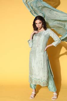 Green embroidered silk blend salwar