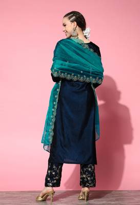 Teal embroidered velvet salwar 2