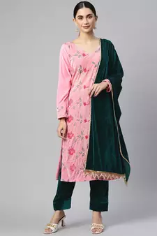 SHADES Baby Pink Embroidered Velvet Suit (Set of 3)