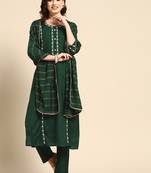 Green Handwork Embroidered Muslin Kurta and Trouser with Dupatta.
