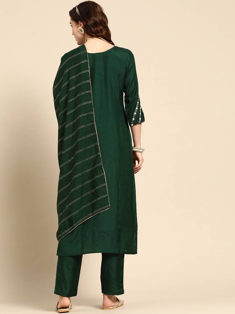 Green Handwork Embroidered Muslin Kurta and Trouser with Dupatta.