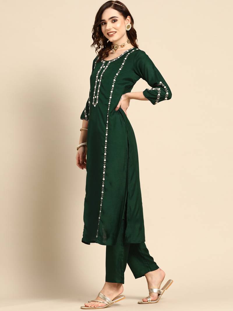 Green Handwork Embroidered Muslin Kurta and Trouser with Dupatta.