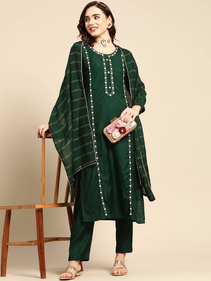 Green Handwork Embroidered Muslin Kurta and Trouser with Dupatta.