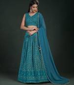 TURQUOISE THREAD AND ZARI EMBROIDERED GEORGETTE FESTIVE & PARTY WEAR SEMI STITCHED LEHENGA