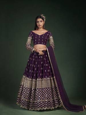 WINE ZARI  AND GOTA  EMBROIDERED GEORGETTE FESTIVE & PARTY WEAR SEMI STITCHED LEHENGA 1