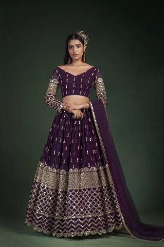 WINE ZARI  AND GOTA  EMBROIDERED GEORGETTE FESTIVE & PARTY WEAR SEMI STITCHED LEHENGA