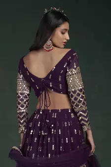 WINE ZARI  AND GOTA  EMBROIDERED GEORGETTE FESTIVE & PARTY WEAR SEMI STITCHED LEHENGA