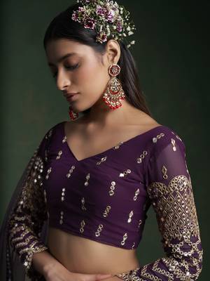 WINE ZARI  AND GOTA  EMBROIDERED GEORGETTE FESTIVE & PARTY WEAR SEMI STITCHED LEHENGA 3