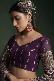 WINE ZARI  AND GOTA  EMBROIDERED GEORGETTE FESTIVE & PARTY WEAR SEMI STITCHED LEHENGA