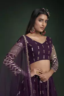 WINE ZARI  AND GOTA  EMBROIDERED GEORGETTE FESTIVE & PARTY WEAR SEMI STITCHED LEHENGA