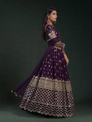 WINE ZARI  AND GOTA  EMBROIDERED GEORGETTE FESTIVE & PARTY WEAR SEMI STITCHED LEHENGA 5