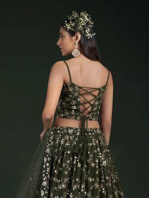 GREEN SEQUINS AND ZARI EMBROIDERED GEORGETTE FESTIVE & PARTY WEAR SEMI STITCHED LEHENGA 2