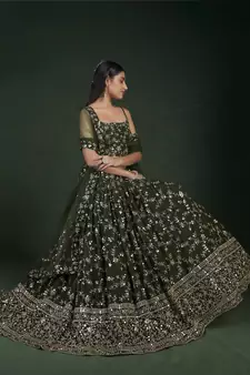 GREEN SEQUINS AND ZARI EMBROIDERED GEORGETTE FESTIVE & PARTY WEAR SEMI STITCHED LEHENGA