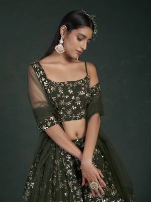 GREEN SEQUINS AND ZARI EMBROIDERED GEORGETTE FESTIVE & PARTY WEAR SEMI STITCHED LEHENGA 4