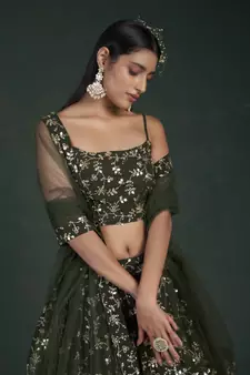 GREEN SEQUINS AND ZARI EMBROIDERED GEORGETTE FESTIVE & PARTY WEAR SEMI STITCHED LEHENGA