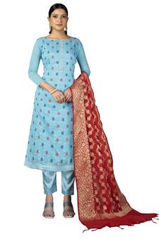 Blue embroidered jacquard salwar