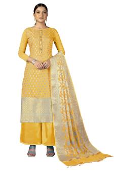 Yellow embroidered jacquard salwar