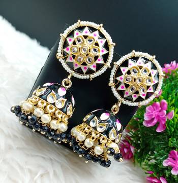 Partywear Jewellery Big Size Meenakari Kundan Jhumka Earrings 1